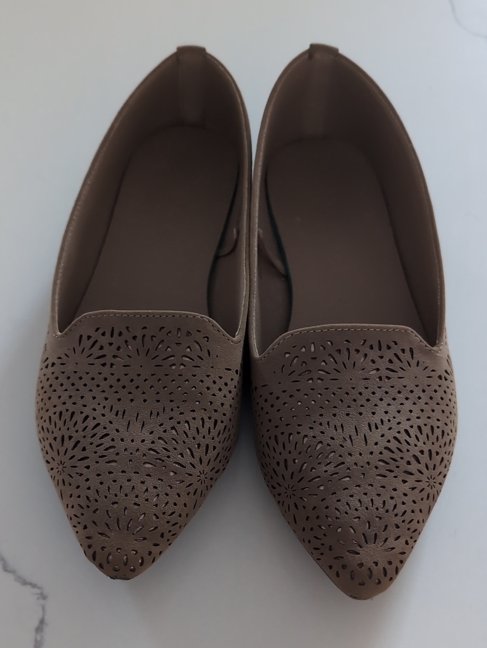 Women’s Taupe Pointed-Toe Laser-Cut Flats